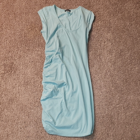 VENUS Blue Asymmetrical Ruched Midi Dress V-Neck - Picture 1 of 7